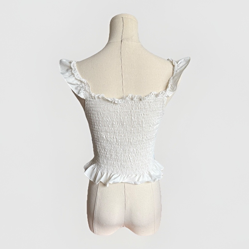 Coquette Ruffle Babydoll Top M Romantic Y2K Boho Fairy Keyhole Tie White V-Neck - Picture 3 of 9